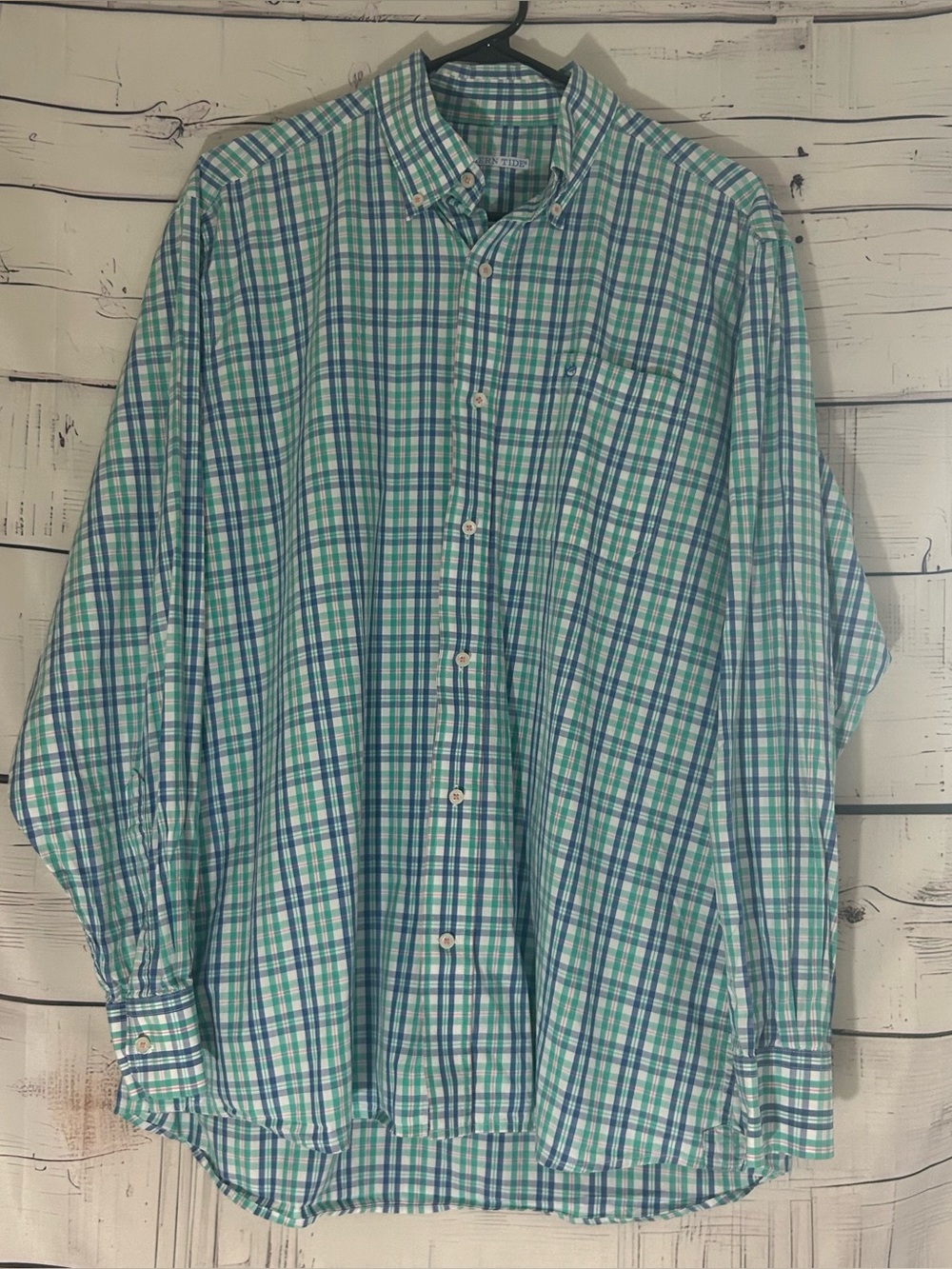 Southern Tide Men Green Blue White Plaid Long Sleeve ButtonDown Shirt Size Large